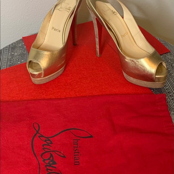Gold Leather Christian Louboutin Peep Toe Heels - Picture 5 of 5